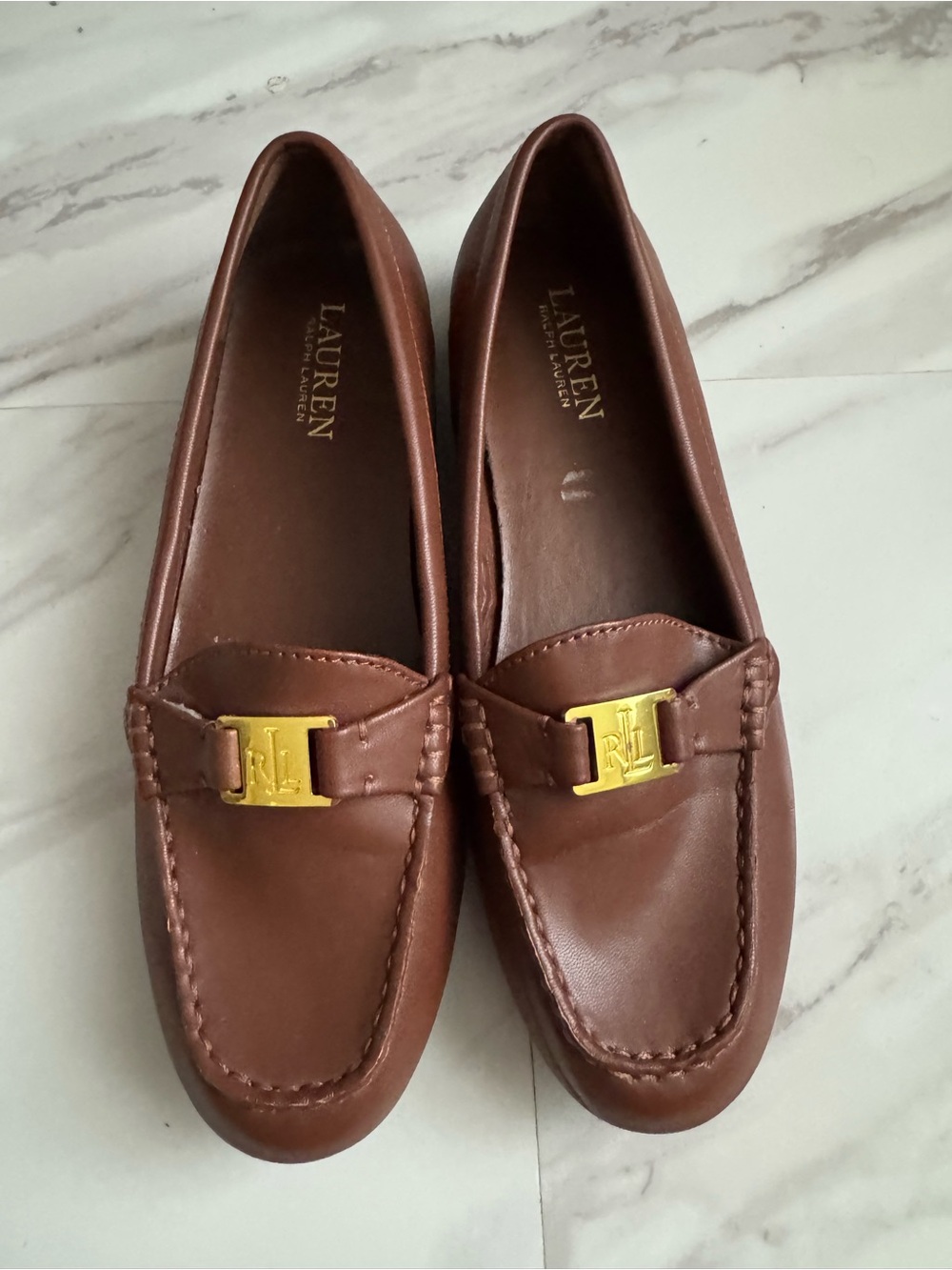Lauren Ralph Lauren Chestnut Brown Leather Loafers with Gold RL Bit